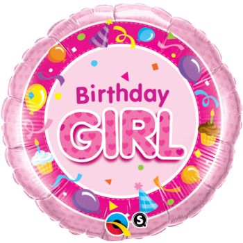Folienballon rund mit Birthday Girl pink