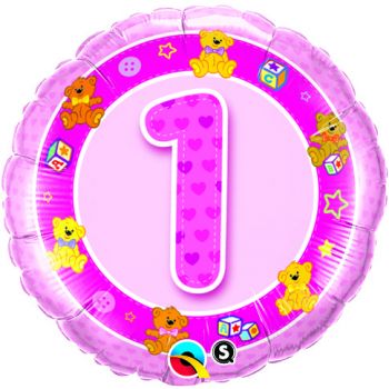 Folienballon rund mit Teddybären Alter 1 pink