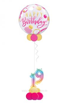 Bubble Ballon Happy Birthday Gold pink mit 2 Foliezahlen und Ballonfuß