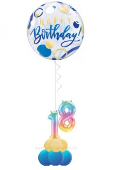 Bubble Ballon Happy Birthday Gold blau mit 2 Foliezahlen und Ballonfuß