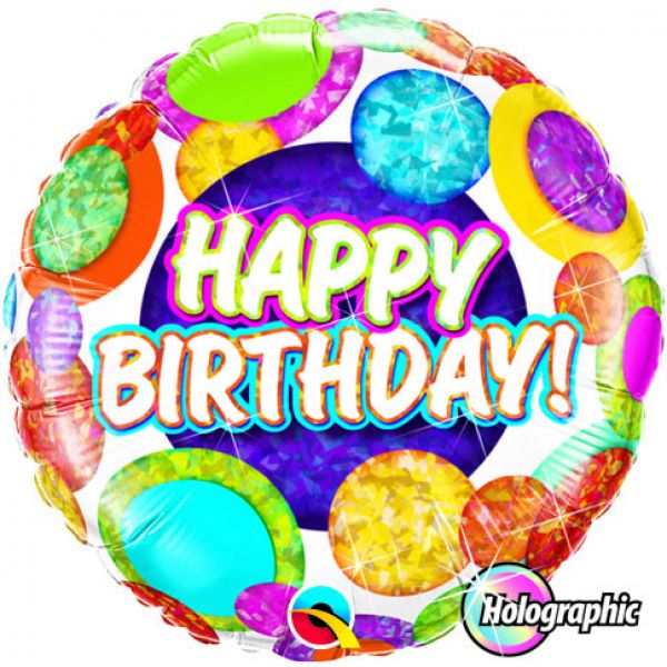 Folienballon rund Happy Birthday mit bunten Punkten Glitzereffekt