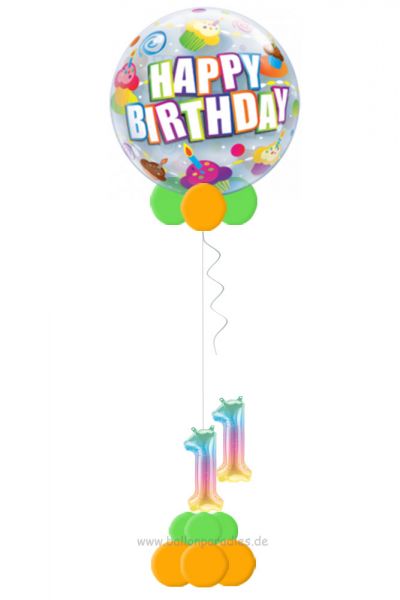 Folienballon Happy Birthday Cupcake mit 2 Foliezahlen und Ballonfuß