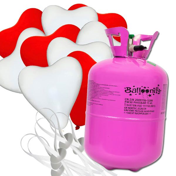 Set Helium mit Herzballons rot weiß