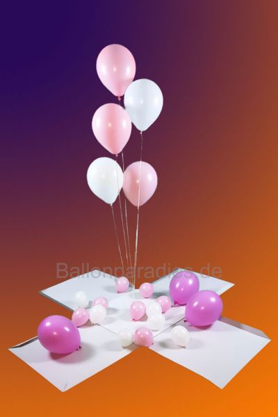 Überraschungsbox mit Ballonstrauß für Mädchen, weiß rosa