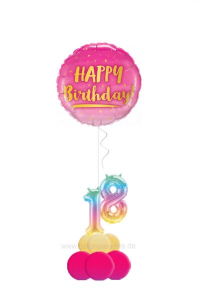 Folienballon Happy Birthday Gold pink mit 2 Foliezahlen und Ballonfuß