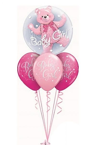 Ballonstrauß Baby Girl mit Teddy rosa
