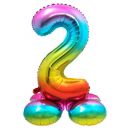 Folienballon mit Basis luftgefüllt Rainbow Zahl 2