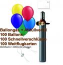 Set Ballongas, 100 Luftballons Bunt, ECO-Schnellverschlüsse, Karten